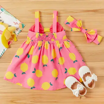 PatPat 2020 Nye Sommer Baby Citron Print Strappy Kjoler med Hovedbøjle Sæt til Baby Pige Citron Ferie Kjole Tøj