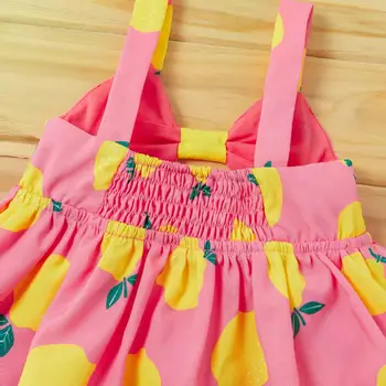 PatPat 2020 Nye Sommer Baby Citron Print Strappy Kjoler med Hovedbøjle Sæt til Baby Pige Citron Ferie Kjole Tøj