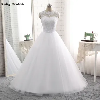 Ruby Elegante Vestido De Noiva Længe Bolden Kjole brudekjoler Billige Hvide Tyl Pynt Bælte Lace-Up PW68