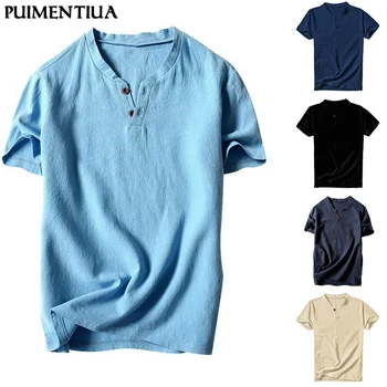 Puimentiua Sommer Mode Herre V-Hals Bomuld Kortærmet Casual Henley T-Shirt Top Homme Knappen Fast Slim T-Shirts Shirts