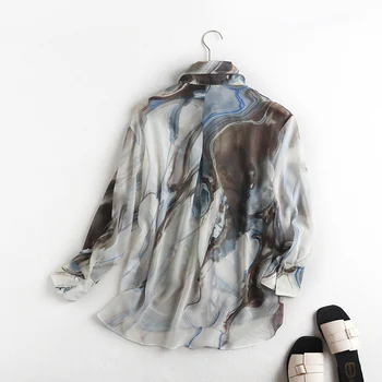 Efteråret Kvinder Elegante Aquarelle Shirts Print-Turndown Krave Lange Ærmer Løs Kvindelige Shirt 2020 Nye Mode Damer Toppe Tøj