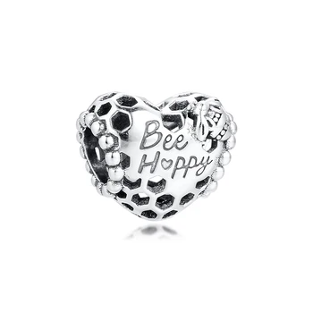 Charms Sølv 925 Smykker Bee Happy Honeycomb Hjerte vedhæng Passer til Europæiske Fashion Armbånd Kvinde DIY Perler Til smykkefremstilling