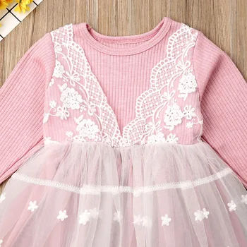 2019 ny kjole til søde Baby Girls Toddler Børn Blomster Blonder Hæklet kjole med lange ærmer Prinsesse Party pink Tyl Tutu Kjole