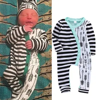 Søde Spædbarn Baby Pige Dreng Stribe Pil Sparkedragt med Lange Ærmer Bomuld Buksedragt Playsuit Outfits 0-18M