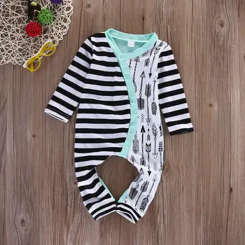 Søde Spædbarn Baby Pige Dreng Stribe Pil Sparkedragt med Lange Ærmer Bomuld Buksedragt Playsuit Outfits 0-18M