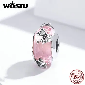 WOSTU Ægte 925 Sterling Silver, Murano-Glas Pink Krystal Perler Runde Charms Passer Oprindelige Armbånd, Vedhæng Luksus Smykker at Gøre