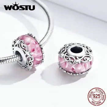 WOSTU Ægte 925 Sterling Silver, Murano-Glas Pink Krystal Perler Runde Charms Passer Oprindelige Armbånd, Vedhæng Luksus Smykker at Gøre