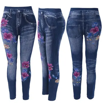 Kvinder blomsterprint Elastisk Høj Talje Slank Leggings 2019 Dame Casual Efterligning Faux Denim Jeans Blyant Bukser, Leggings S-3XL
