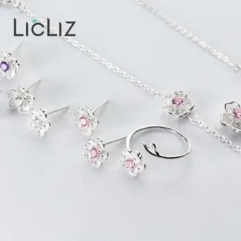 LicLiz Nye 925 Sterling Sølv Peach Flower Åbne Ringe til Kvinder White Gold Justerbar Smykker med Pink ZIRKONIA Krystal LR0735