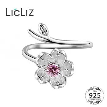 LicLiz Nye 925 Sterling Sølv Peach Flower Åbne Ringe til Kvinder White Gold Justerbar Smykker med Pink ZIRKONIA Krystal LR0735