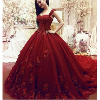 Vestido De Noiva 2021 Luksus satin Kjoler Sweetheart Lace Applique 3D Blomster Brude Kjoler Chapel Train brudekjoler