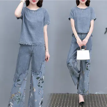 2021 sommer Denim To Stykke kvinders mode blomst trykt, af denim, toppe+flower print-jeans passer fritid kvindelige 2 delt sæt