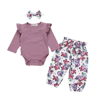 Pudcoco OS Lager Nyfødte Baby Pige Spædbarn 3stk Tøj Romper Heldragt, Blomstrede Bukser Outfit Sæt
