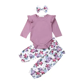 Pudcoco OS Lager Nyfødte Baby Pige Spædbarn 3stk Tøj Romper Heldragt, Blomstrede Bukser Outfit Sæt