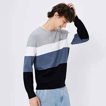 Sweater mænd 2020 ny trend kontrast syninger sweater voksen bomuld afslappet rund hals pullover sweater efterår