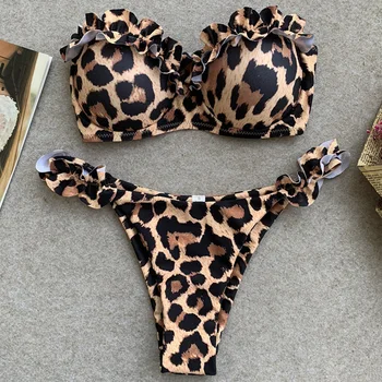 Nye Sexy Lace up Pjusket bikini 2019 Kvinder Bandeau badedragt Kvindelige Badetøj To stykker bikini sæt-Bh cup Leopard badedragt