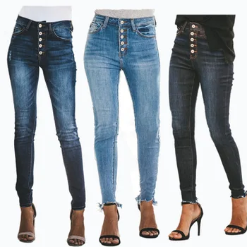 Kvinder High Waist Stretch Denim Jeans Knappen Tynde Slank Casual Blyant Bukser Damer Bukser