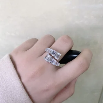 Jewepisode Ægte 925 Sterling Sølv Justerbar Ring Emereld Skære High Carbon Sten Simuleret Moissanite Ringe til Kvinder Bijoux