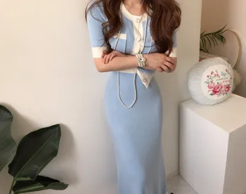Koreanere Elegant Strikket To-Delt Sæt, Kvinder Kortærmet Cardigans + Elastisk Talje Lang Nederdel Passer Fashion Damer Sæt 2020