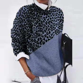 2021 Vintage Leopard Patchwork Sweater Kvinder Elegant Casual O-Hals Top Pullover Mænds Mode Med Lange Ærmer Streetwear Trøjer