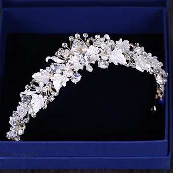 AiliBride Guld Brud Crown Bryllup Hår Tilbehør Håndlavet Perle Tiaras Crystal Diadem Bridal Crown For Kvinder Hår Smykker