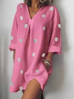 Polka Dot Dress T-Shirt Kjole Kvinder Sommer Kjole Plus Størrelse Xxxxl Xxxxxl Wypadki V Hals Hvid Pink Langærmet Kjole Blanche