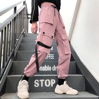 Foråret Streetwear broderi Damer Cargo Pants Kvinders Afslappet Joggere Solid Stor Lomme Bukser med Høj Talje Løs Kvindelige Bukser