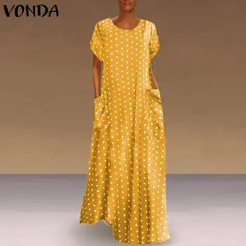 2021 Sommer Lommer Kjole VONDA Vintage Polka Dot Dress Trykt Maxi Sundress Til Kvinder Casual O-Hals Lange Vestidos Part Robe