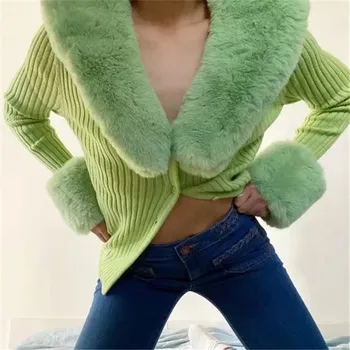 4 Nye Farver til Efteråret Vintage Pels Krave Kvinder Sweater Elegante Single-breasted Cardigan Kvindelige Grønne Trøjer Mujer