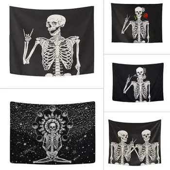 Skeleton King, Er At Meditere I Blomster Månen Gobelin Mandala Tæppe Hippie Divination Tarot Hekseri Væg Tæppe Mandala Skull