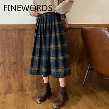 FINEWORDS Vintage Plaid Uldne Nederdele Kvinder koreansk Stil Studerende En Linje Nederdel Plus Size Lang Plisseret Nederdel 2020 Nye ropa mujer