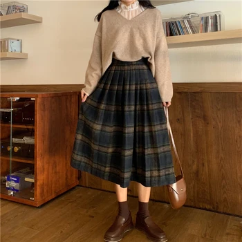 FINEWORDS Vintage Plaid Uldne Nederdele Kvinder koreansk Stil Studerende En Linje Nederdel Plus Size Lang Plisseret Nederdel 2020 Nye ropa mujer