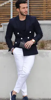 2020 Navy Blå Dobbelt-Breasted Mænd Passer til Casual Blazer kostume homme Tuxedo Custom Jacket Style mænd, der Passer 2stk(jakke+hvide bukser)