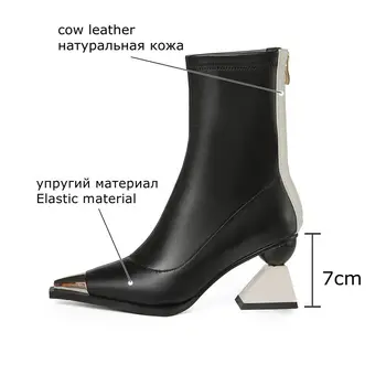 ALLBITEFO metal tå i ægte læder+Elastisk materiale høje hæle kvinder støvler af høj kvalitet ankel støvler til kvinder støvler til piger