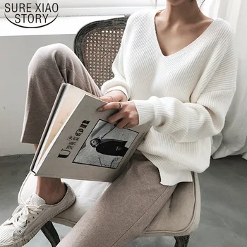 Casual Pullover 2021 Forår Vinter Kvinders Sweater med V-Hals Minimalistisk Toppe Nye moderne koreansk Stil Strikke Solid 7290