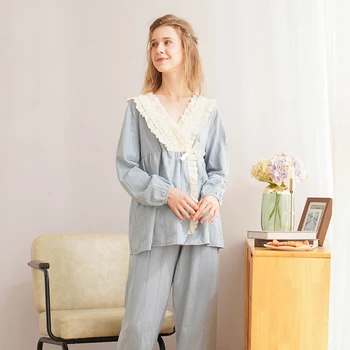 Bomuld med V-hals Cardigan til Kvinder Pyjamas Sæt Solid Farve Foråret Efteråret Kvindelige Lange Ærmer Kimono Pyjamas Løs Nattøj Passer