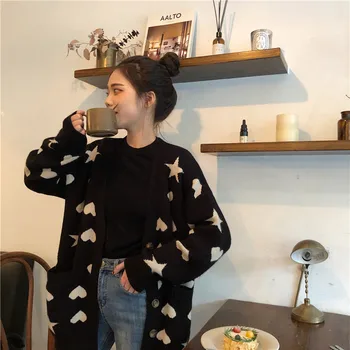2020 Tidlige Forår Ny Kærlighed Stjerne Sweater Frakke Kvindelige Løs Lange Ærmer Tyk Uden Strikket Cardigan