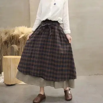 Vintage England plaid Elastisk talje A-Line bow bælte lag nederdel mori girl 2020 juni nye ankomst