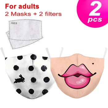 2stk Voksne Mænd Kvinder Alder 3-10 Baby Kids 3D-Print Mønster Wahsable ansigtsmaske 5-lag Smelteblæst Ikke-vævede Filter Børn Maske
