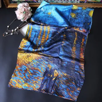 Stort silketørklæde Vincent Van Gogh ' s Olie Maleri Lang Pletten Silke Sjaler Wraps Vinter Hals Tørklæder Pashmina Dame Hijab 2020 Ny