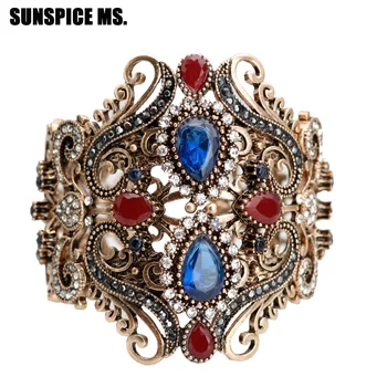SUNSPICE MS tyrkiske Kvinder Cuff armbånd Armbånd i Antik Guld Blå Farve Harpiks Bredside Elastisk Håndled Smykker Etniske bryllupsgave