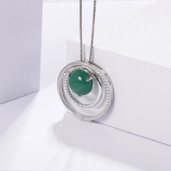 PERLE ' S BALLET 925 Sterling Sølv Dobbelt Cirkel Vedhæng Skinnende Banet Naturlig Grøn Agat Gemstone Halskæde Til Kvinder
