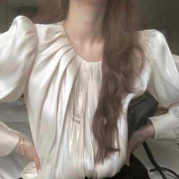 Gagaok Vintage To Delt Sæt Kvinder 2020 Foråret Efteråret Nye Koreanske Chic O-Hals Puff Ærmer Bluser + Sort Mini Vilde Vest Kjole