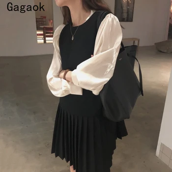 Gagaok Vintage To Delt Sæt Kvinder 2020 Foråret Efteråret Nye Koreanske Chic O-Hals Puff Ærmer Bluser + Sort Mini Vilde Vest Kjole