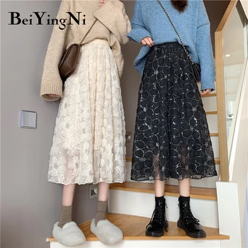 Beiyingni Pailletter Blomster Forår, Sommer Plisseret Sort Streetwear Smarte Kvinde Nederdele Solid Høj Talje Vintage Koreanske Faldas Mujer