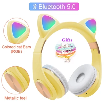 RGB LED Kat Ear Bluetooth Hovedtelefoner med Mikrofon Armbånd Mode Metal CD-Tekstur Trådløse Bas Headset Kid Pige Phone Music Hjelm