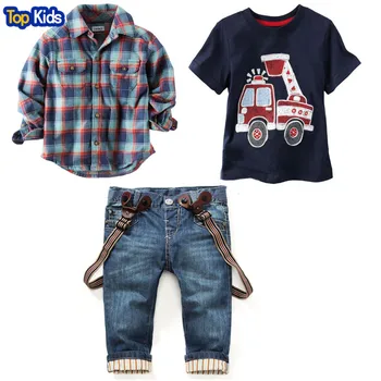 2019 børnetøj sæt til foråret Baby dreng dragt med Lange ærmer plaid shirts+bil print t-shirt+jeans 3stk passer CCS350