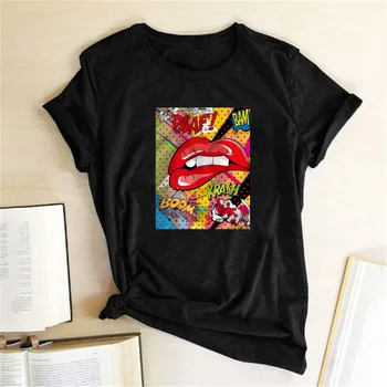 Røde Læber Print Sjove T-Shirt til Kvinder 2020 Sommeren Kvinde Mode Top Grafiske Tees Punk Rock Femme T-Shirt Kort Ærme Æstetiske