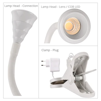 3W COB LED Clip Lampe læselamper til Skrivebord, værdiboks til Bærbar Bedside-Undersøgelse Belysning Natur Hvid 4000K Praktisk at Flytte EU/US-Stik