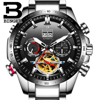 Ægte Luksus Schweiz BINGER Mærke Mænd automatisk mekanisk Lysende vandtæt sport fuld stål bælte mandlige mode ur